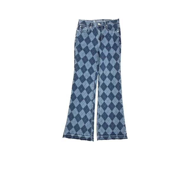 No Boundaries Flare Raw Hem Women's size 9 Checkered Dark Wash Blue Denim jeans - Picture 1 of 4